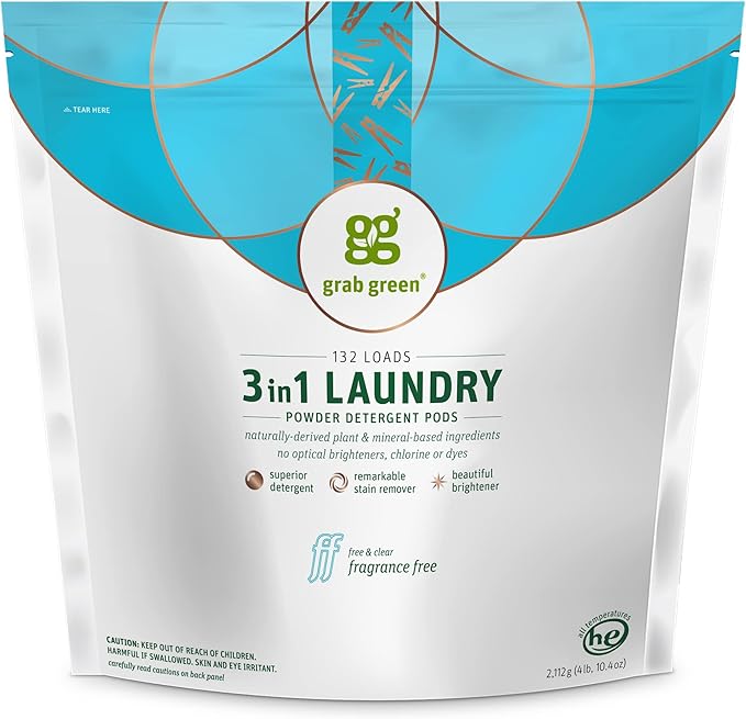 Grab Green 3-in-1 Laundry Detergent Pods, 132 Count, Fragrance Free, Plant and Mineral Based, Superior Cleaning Power, Stain Remover, Brightens Clothes-HomvellaHome
