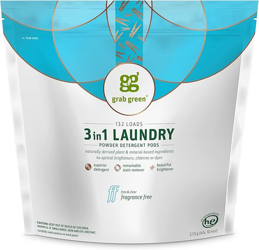 Grab Green 3-in-1 Laundry Detergent Pods, 132 Count, Fragrance Free, Plant and Mineral Based, Superior Cleaning Power, Stain Remover, Brightens Clothes-HomvellaHome