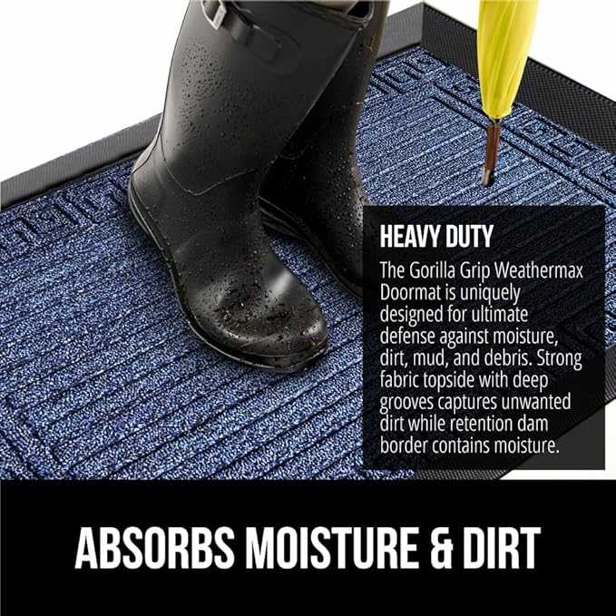 GORILLA GRIP 100% Waterproof All-Season WeatherMax Doormat 35x23, US Designed Natural Rubber, Stain and Fade Resistant, Low Profile Indoor Outdoor Door Mats, Easy Clean Patio Mat, Navy Greek Keys-HomvellaHome