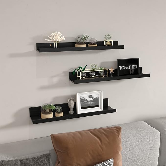 Giftgarden 24 Inch Black Floating Shelves Wall Mounted Woodgrain Picture Ledge Shelf for Storage Bedroom Bathroom Kitchen Living Room Office, Set of 3 Different Sizes-HomvellaHome