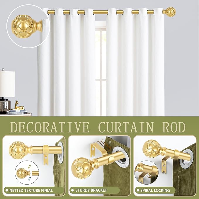 Gold Adjustable Curtain Rods for Windows:18-45 Inch Farmhouse Heavy Duty Curtain Rod for Bedroom Living Room,Boho Decorative Rustic Drapery Rods with Vintage Coastal Texture Finial,Brass Gold-HomvellaHome