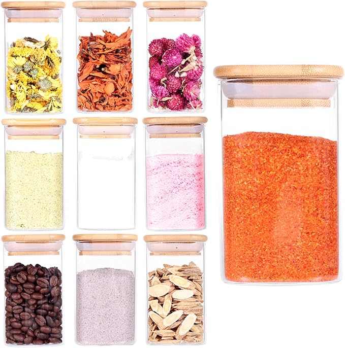 10 Pcs Glass Spice Jars - 8oz Empty Square Spice Storage Containers With Bamboo Airtight Lid and Labels - Thicken Small Glass canister for Kitchen Seasoning,Coffee Bean,Tea,Suger,Herbs-HomvellaHome