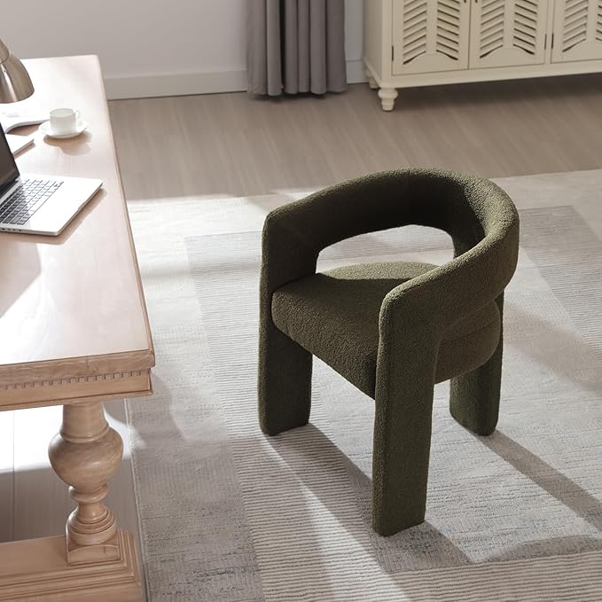 Green Sherpa Dining Chairs Set of 6, Modern Barrel Dining Room Chairs Upholstered Faux Fur Accent Chair with Arms and Round Back for Living Room Kitchen Armchair No Assembly Needed-HomvellaHome