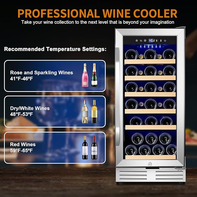 15 Inch Wine Fridge 32 Bottles Wine Cooler Refrigerator Undercounter Wine Fridge with Glass Door, LED Light, Removable Wooden Shelves, Built-in or Freestanding Wine Refrigerator for Home Office Bar-HomvellaHome