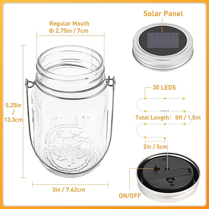 GIGALUMI Solar Mason Jar Lights, 12 Pack 30 Led String Fairy Lights Garden Lights Outdoor Waterproof Metal Lid Hanging Solar Lanterns for Outdoor, Garden, Patio, Lawn, Balcony Decoration-HomvellaHome