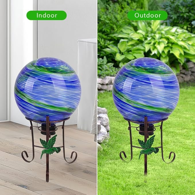10" Diameter Gazing Ball with 8.5" Hummingbird Metal Stand Outdoor Garden Decor,Glass Globe Sphere Yard Art Decorations Outdoor,Glass Gazing Balls for Garden,Home,Lawn,Patio,Porch(Blue)-HomvellaHome