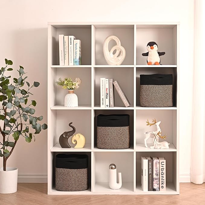 11 Inch Cube Storage Bins, Storage Cube Organizer Bins, Woven Cotton Rope Baskets for Storage, Storage Basket for Organizing Shelves, Square Baskets for Toys Nursery, Black & Jute (Pack of 3)-HomvellaHome