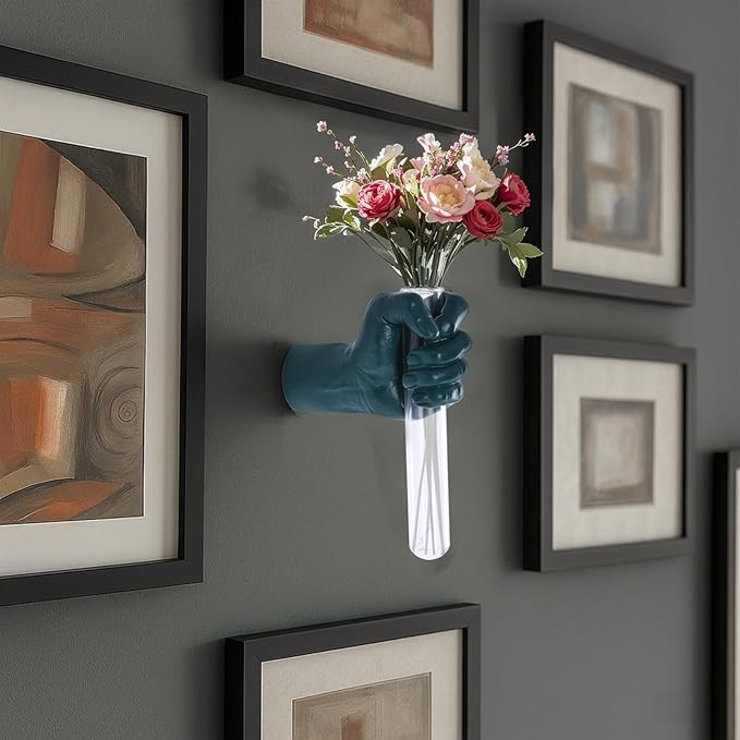 Green Wall Sculptures, Hand Vases Home Decor, Wall Mount Art Sculpture, Unique Wall Art Statue, Funky Flower Vase Decorations, Modern Eclectic Hanging Decor,Glass Test Tube Vase-HomvellaHome