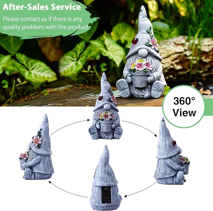 Goodeco Sitting Gnome Holding Flower Statue - Solar Garden Gnomes Decor for Outside with LED Lights, for Women or Moms, Housewarming Gnome Decorations-HomvellaHome