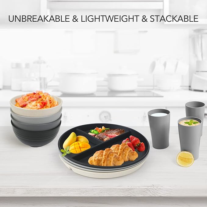 greenandlife 10 Inch 4PCS Unbreakable Portion Control Plates, Divided Plates for Kids Adults, Dishwasher & Microwave Safe Compartment Plate, Lightweight Reusable Wheat Straw plate, BPA Free-HomvellaHome