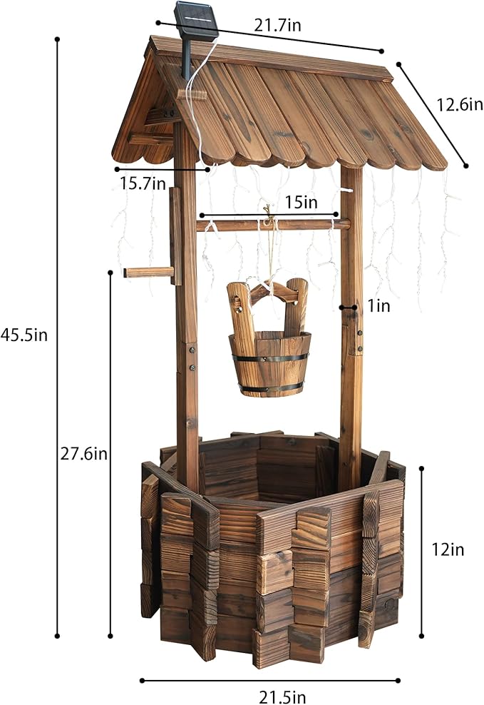 Garden Wooden Decor Rustic Wishing Well with Light Planter Outdoor Home Décor for Patio, Upgrade Wishing Well Garden, Yard Hanging Bucket Patio Lawn Backyard Home Decor-HomvellaHome