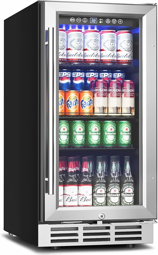 15 Inch Beverage Refrigerator Under Counter - 126 Cans Beverage Fridge with Glass Door for Beer Wine Soda - Built-in or Freestanding Wine Cooler with Safety Lock for Home Kitchen Bar-HomvellaHome