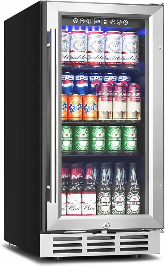 15 Inch Beverage Refrigerator Under Counter - 126 Cans Beverage Fridge with Glass Door for Beer Wine Soda - Built-in or Freestanding Wine Cooler with Safety Lock for Home Kitchen Bar-HomvellaHome