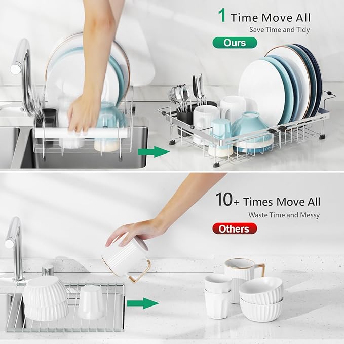 GSlife Expandable in Sink Dish Drying Rack - Stainless Steel Capacity Adjustable Over The Sink Dish Rack (13.4''-20.4''), Dish Drainer for Kitchen Sink Counter with Utensil Holder, Silver-HomvellaHome