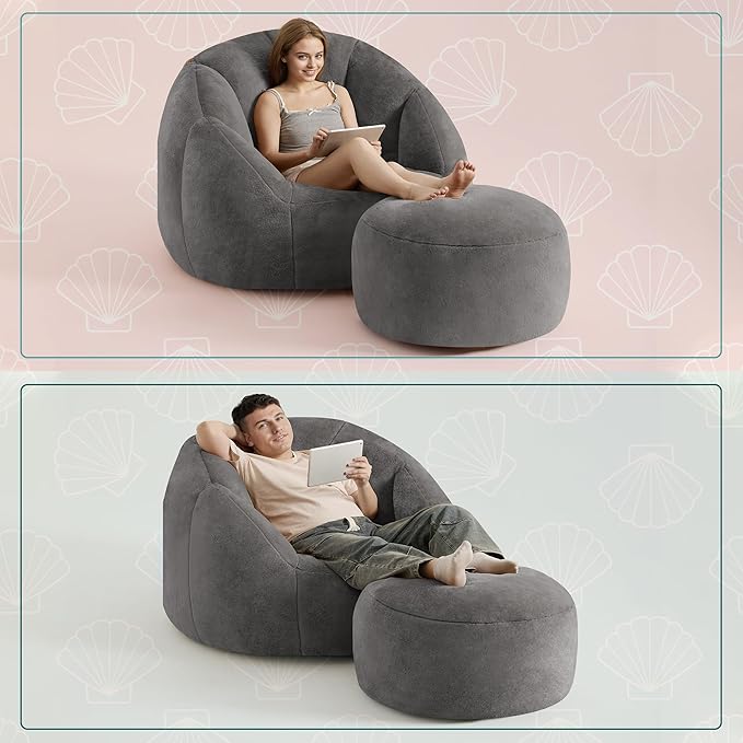 Giant Bean Bag Swivel Chair for Adults - Comfy Plush Round Shell Soft Accent Chaise Lounge Indoor Reading Chair, Oversized Cozy Floor Sofa for Living Room, Bedroom & Game Rooms, Dorm, Gray-HomvellaHome
