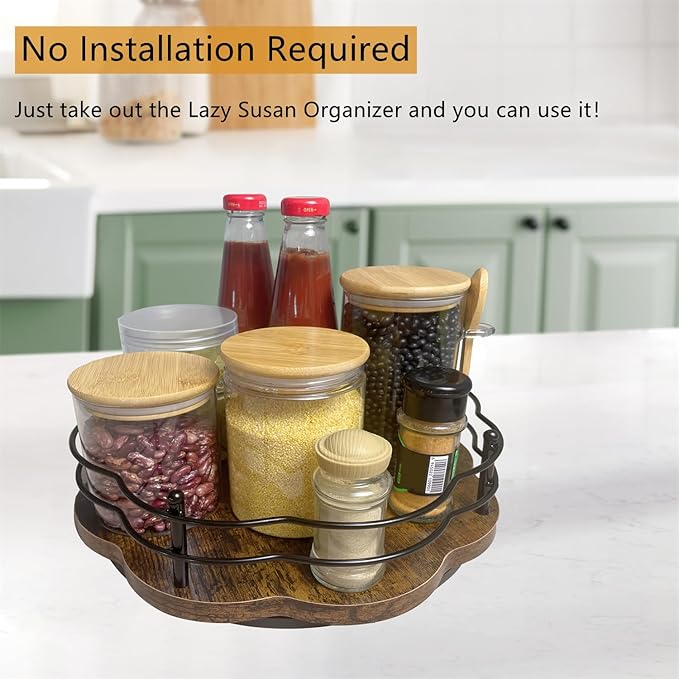 13" Lazy Susan Turntable Organizer with Higher Metal Sides, 360° Rotating Wooden Lazy Susan Organization and Storage for Cabinet,Kitchen,Countertop,Table Top,Dining Table,Coffee Bar Decor-HomvellaHome