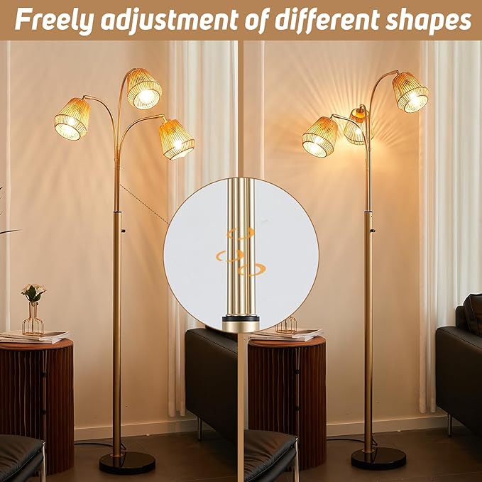 Gold Rattan Floor Lamp for Living Room, 72 Inch Tall Boho Floor Lamp with Rotary Switch, 3 Lights Arc Lamp with Wicker Shade for Coastal,Bohemian,Modern,Tree Farmhouse Standing Lamp-HomvellaHome