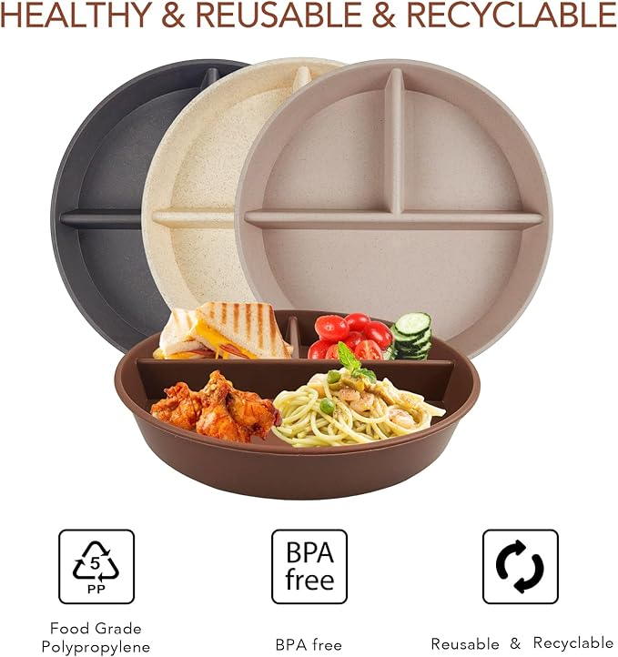 greenandlife 9 Inch 4PCS Portion Control Plates with Lids, Divided Plates for Kids Adults, Dishwasher Microwave Safe Compartment Plate, Unbreakable Lightweight Reusable Wheat Straw Plate, Earth Tone-HomvellaHome