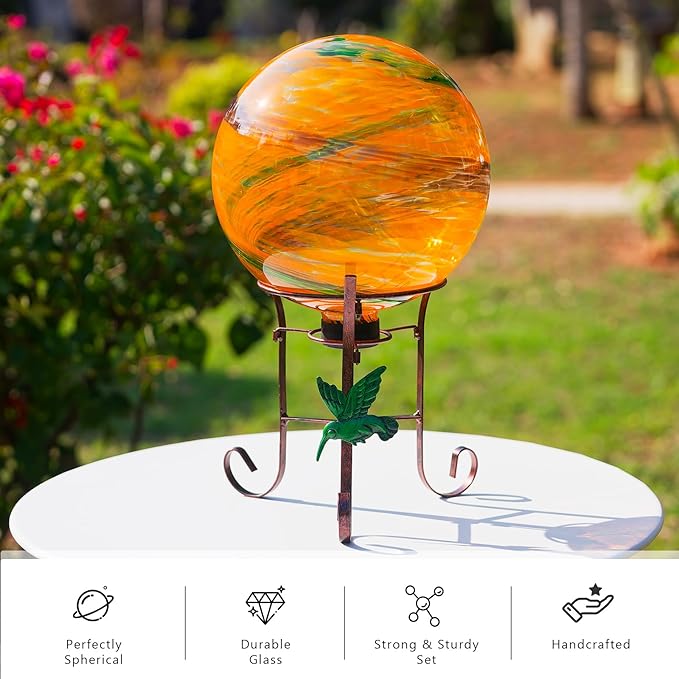 10 Inch Glass Gazing Ball, with 9.4" Tall Metal Gazing Globe Stand, Glass Balls Display Holder Set for Outdoor Garden Lawn Yard Decoration, Sunset Sky-HomvellaHome