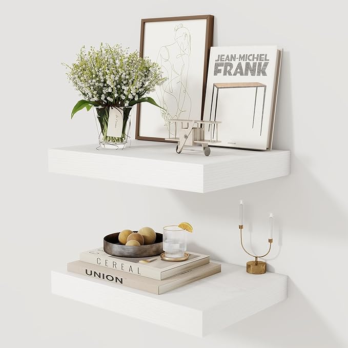 12 Inch Deep White Floating Shelves, 16 x 12 Floating Shelf for Books, Rustic Wood Deep Wall Shelves for Home Storage & Display, 2" Thicked Shelves for Kitchen, Living Room, Bedroom, 2 Pack-HomvellaHome