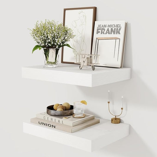 12 Inch Deep White Floating Shelves, 16 x 12 Floating Shelf for Books, Rustic Wood Deep Wall Shelves for Home Storage & Display, 2" Thicked Shelves for Kitchen, Living Room, Bedroom, 2 Pack-HomvellaHome