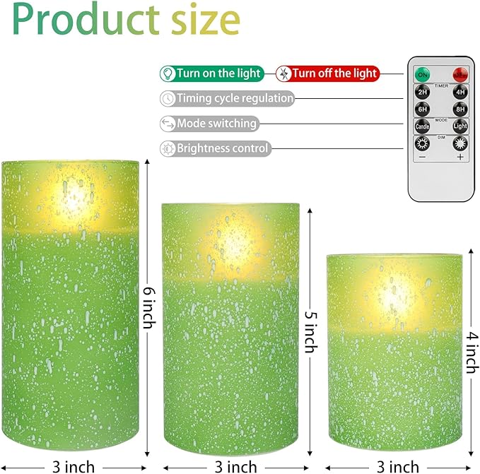 Green Flameless Candles with Remote, Glass LED Pillar Battery Operated Candles with Timer, Flickering Decorative Lights for Home Weddings Holidays Gift Set of 3-HomvellaHome