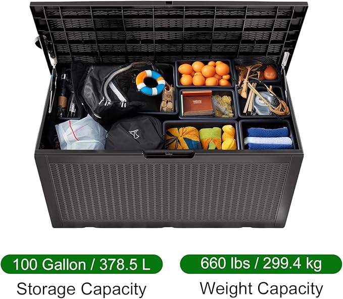 100 Gallon Outdoor Storage Box,Waterproof Lockable Resin Deck Box,Storage Container with Reinforced Support for Patio Cushions, Furniture Supplies, Garden Tools, UV-Resistant Outdoor Chest (Black)-HomvellaHome