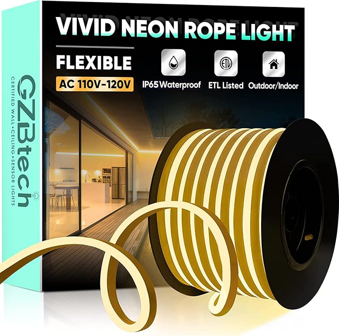 GZBtech Flexible LED Neon Rope Lights 66FT,AC 110-120V Waterproof Strip Light, 120 LEDs/M Cuttable Connectable Neon Lighting for Indoor Outdoor Home Decor/Commercial Building Use-Warm White 20M-HomvellaHome