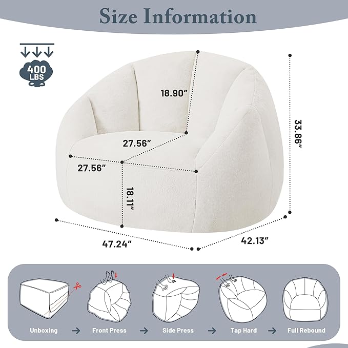 Giant Bean Bag Chair for Adults - Comfy Plush Round Shell Soft Accent Chair, Oversized Cozy Lounge Floor Sofa Reading Chair, Mini Couch for Living Room, Bedroom & Game Rooms, Beige-HomvellaHome