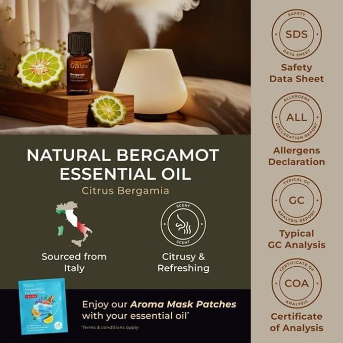 Gya Labs Bergamot Essential Oil - 0.34 Fl Oz - 100% Pure and Natural Bergamot Aromatherapy Essential Oil Uplifts Mood for Emotional Balance, Soothes Skin, Diffuser & Candle Making Scent-HomvellaHome