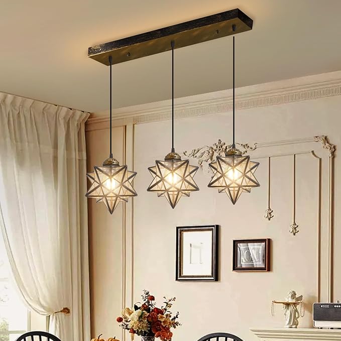 Glam Chandelier 3 Lights Glass Star Pendant Lights for Dining Table Kitchen Island Modern Ceiling Hanging Lights Included LED Warm Light Bulbs Oiled Bronze-HomvellaHome