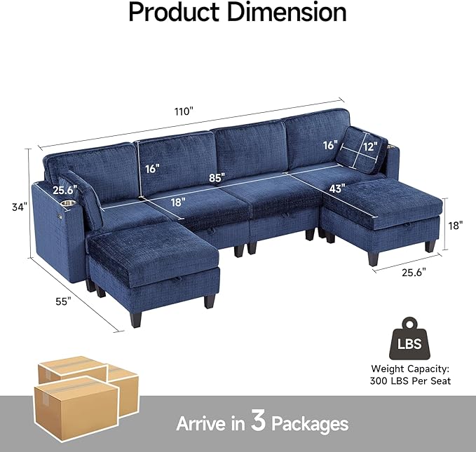 110" Modular Sectional Sofa, Convertible Sleeper Sofa Couch Bed with Adjustable Backrest, U-Shaped Chenille Cloud Couch with Ottoman Storage, Deep Seat Couches for Living Room,Blue-HomvellaHome