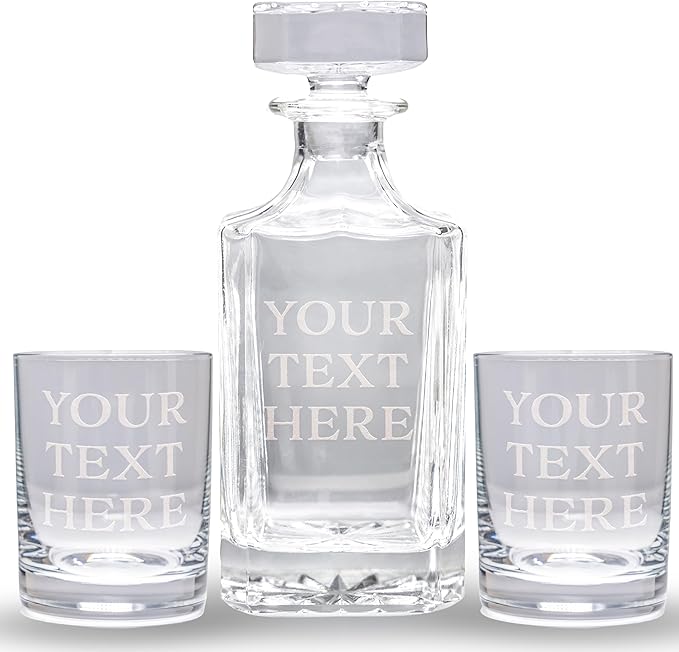 Gifts Inscribed Custom Text Whiskey Decanter & Glasses Set of 2 – Engraved Glass Cups Drinking Glasses Set of 2 – Personalized Whiskey Glasses Drinking Set – Customized Whisky Glassware Gift for Him-HomvellaHome