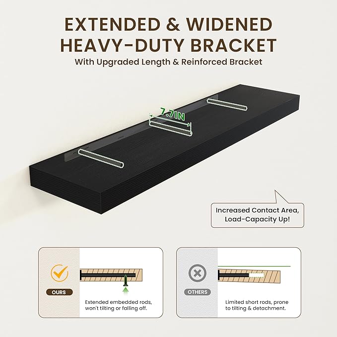 12'' Deep Floating Shelves, 48 Inch Large Floating Shelf Black, Deep Wall Shelves for Living Room Bathroom Laundry Room Bedroom Kitchen Home Office - Black-HomvellaHome