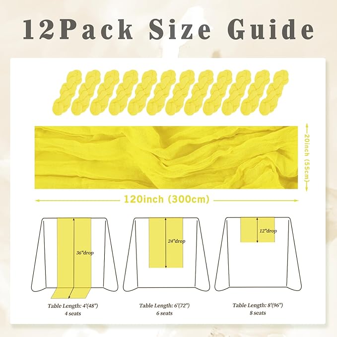 12 Pack Yellow Cheesecloth Table Runner 20 x 120 Inch Long Rustic Gauze Cheese Cloth Table Runner for Wedding 10FT Bridal Baby Shower Table Decorations Boho Fabric Sheer Birthday Party Table Decor-HomvellaHome