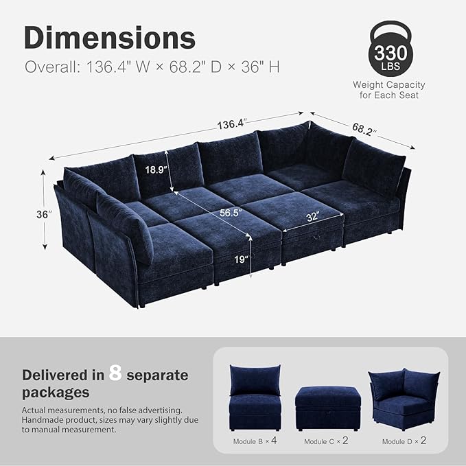 136.4" Oversized Modular Sectional Sleeper Sofa Bed, U Shaped Convertible Couch with Movable Ottoman, Large 8 Seat Corner Couches for Living Room Deep Seat Blue Chenille-HomvellaHome