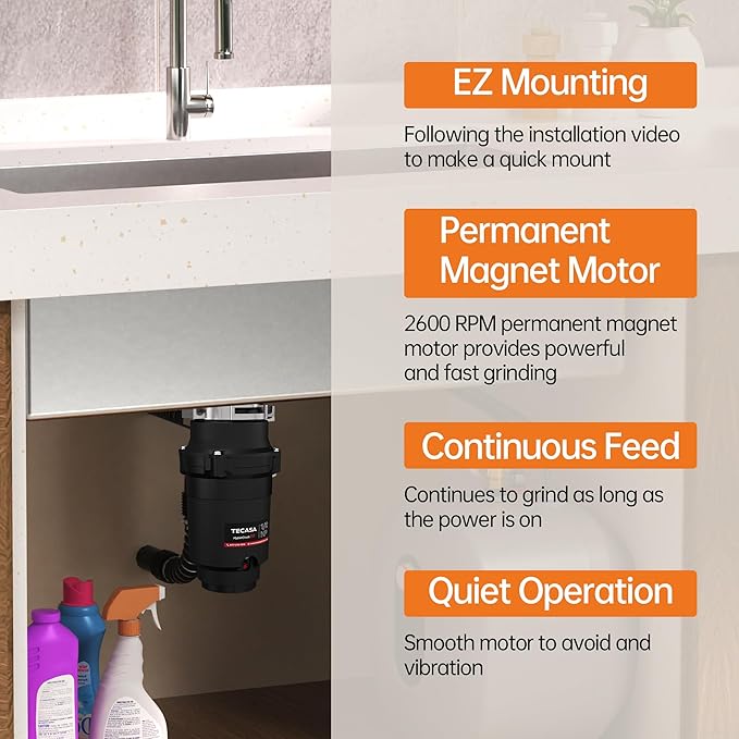 1/2 HP Garbage Disposals, TECASA Continuous Feed, Stainless Steel Food Waste Grinding System for Kitchen Sink Food Waste, Power Cord Included, Black - HyperCrush 50-HomvellaHome