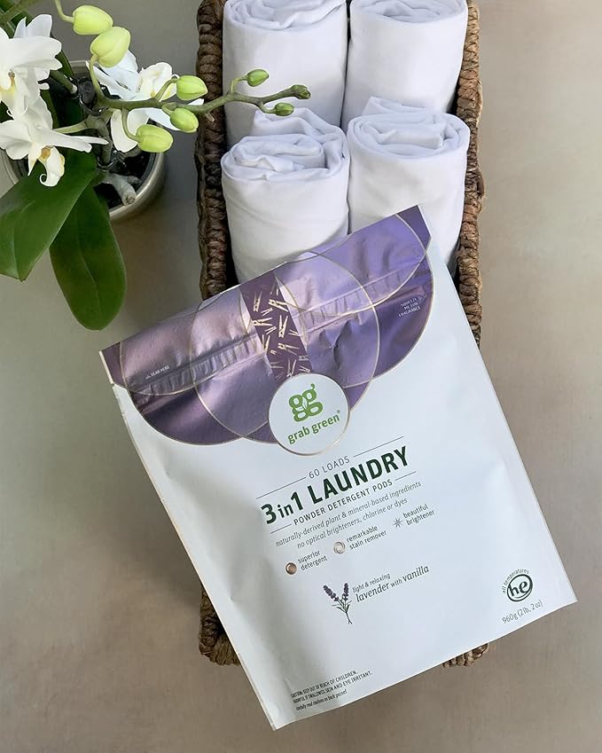 Grab Green 3-in-1 Laundry Detergent Pods, 24 Count, Lavender Vanilla Scent, Plant and Mineral Based, Superior Cleaning Power, Stain Remover, Brightens Clothes-HomvellaHome