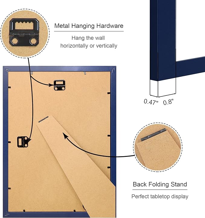 10x14 Picture Frame Set of 4, 10 x 14 Wood Photo Frames with Mat for 8x12 or 30x40cm Diamond Painting Art, Wooden Frame with Real Glass Cover for Wall and Tabletop Display,Blue-HomvellaHome