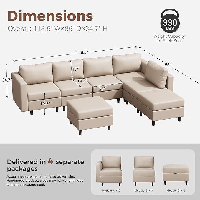 118.5" Faux Leather Modular Sectional Sofa, L Shaped Couch Set for Living Room, 7-Seater Comfy Cloud Couches with Storage Seat Whitesand-HomvellaHome