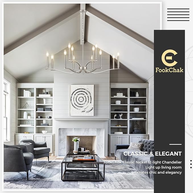 12 Light Nickel Living Room Chandelier High Ceiling Foyer Candle Chandelier Large Modern 44in Metal Chandeliers Hanging Light for Master Bedroom Dining Room Light Fixture Over Table-HomvellaHome