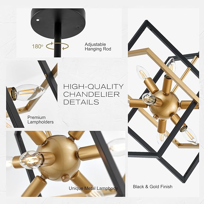 18.9'' Black Gold 8-Light Sputnik Chandelier Modern Industrial Adjustable Hanging Geometric Pendant Light Fixture for Entryway Foyer Stairway Hallway Bedroom Living Room Kitchen Island-HomvellaHome