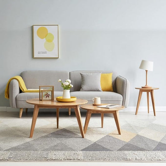 100% Solid Oak Wood Coffee Table Set, Round Coffee Table Combo Side Table w/Solid Wood Legs, Mid Century Table Sturdy Tables for Bedroom Balcony Living Room (Natural, 3 Pieces)-HomvellaHome