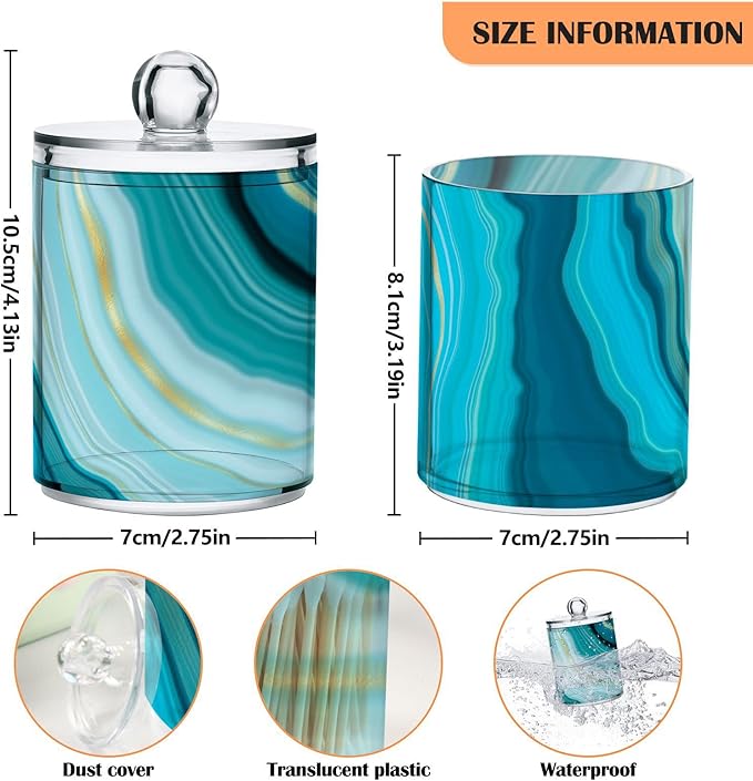 2 Pack Qtip Holder Dispenser Teal Turquoise Blue Marble Bathroom Storage Canister Lid Acrylic Plastic Apothecary Jar Set Vanity Makeup Organizer for Cotton Swab/Ball/Round Pads, Floss-HomvellaHome
