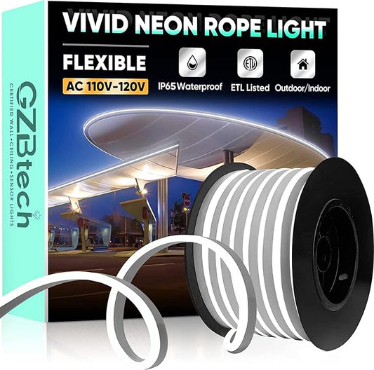 GZBtech Flexible LED Neon Rope Lights 50FT,AC 110-120V Waterproof Strip Light, 120 LEDs/M Cuttable Connectable Neon Lighting for Indoor Outdoor Home Decor/Commercial Building Use-Cold White 15M-HomvellaHome