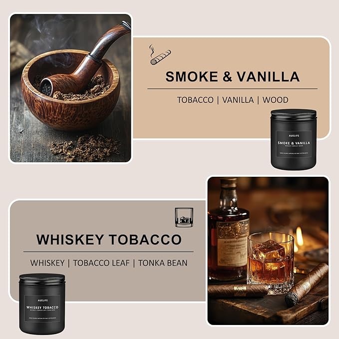 2 Pack Candle | Smoke & Vanilla + Whiskey Tobacco - Candles for Men - Masculine Candle, Soy Candles for Home Scented - Gifts for Men, Home Fragrance Manly Gifts - Each of 7oz-HomvellaHome