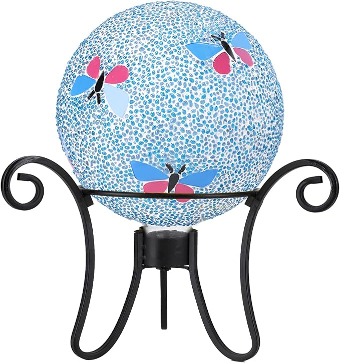 Gazing Ball 8 Inch Butterfly Glass Mosaic Garden Globe Outdoor Gazing Globe Yard Ornament for Garden Yard Home Lawn Outdoor Decoration Gift for Women (Not Solar Powered)-HomvellaHome