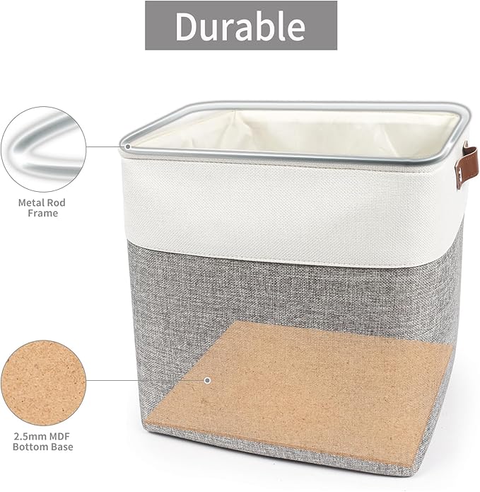 13x13 Cube Storage Bins, Collapsible Fabric Storage Box, 4 Pack Closet Baskets with Handles for Organizing, Shelf, Toys, Clothes, Home, Office, Nursery (Grey&White)-HomvellaHome