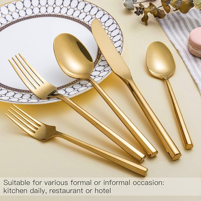 Gold Silverware Set Flatware Set Stainless Steel Cutlery Set 40 Pieces Hexagon Handle Home Kitchen Daily Use Service for 8-HomvellaHome