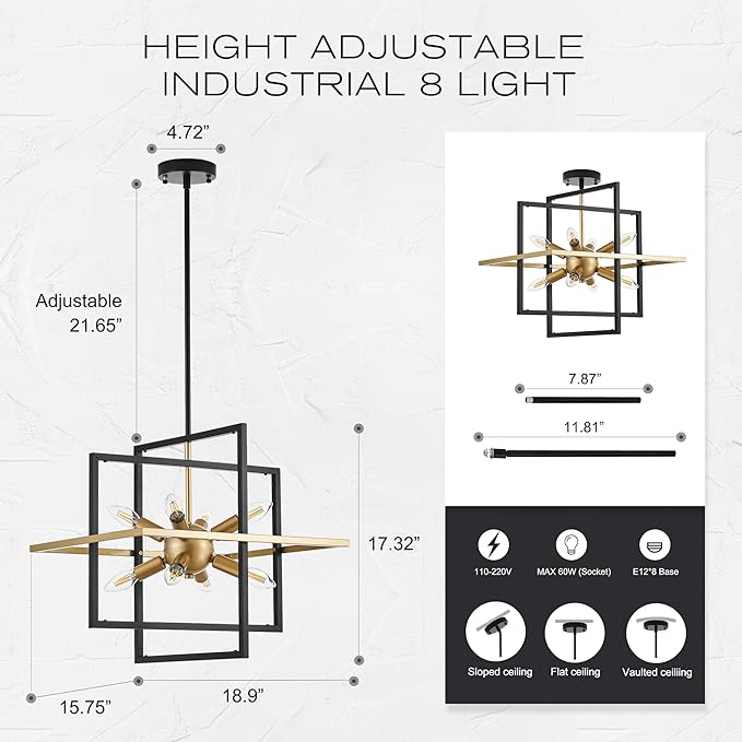18.9'' Black Gold 8-Light Sputnik Chandelier Modern Industrial Adjustable Hanging Geometric Pendant Light Fixture for Entryway Foyer Stairway Hallway Bedroom Living Room Kitchen Island-HomvellaHome